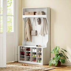 4-In-1 Hall Tree with Bench and Shoe Storage, Farmhouse Coat Rack Shoe Bench with 12 Shoe Cubbies, 6 Hooks, Dark Brown