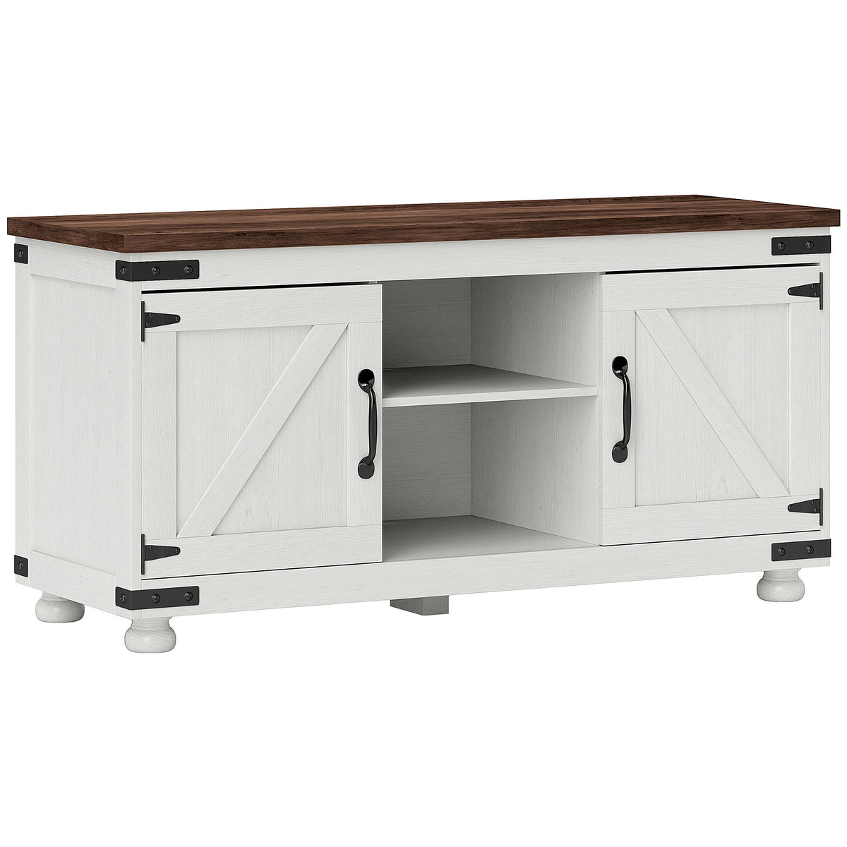 Farmhouse TV Stand for up to 50" TV, TV Cabinet with Barn Doors, Cable Management for Living Room, Distressed White