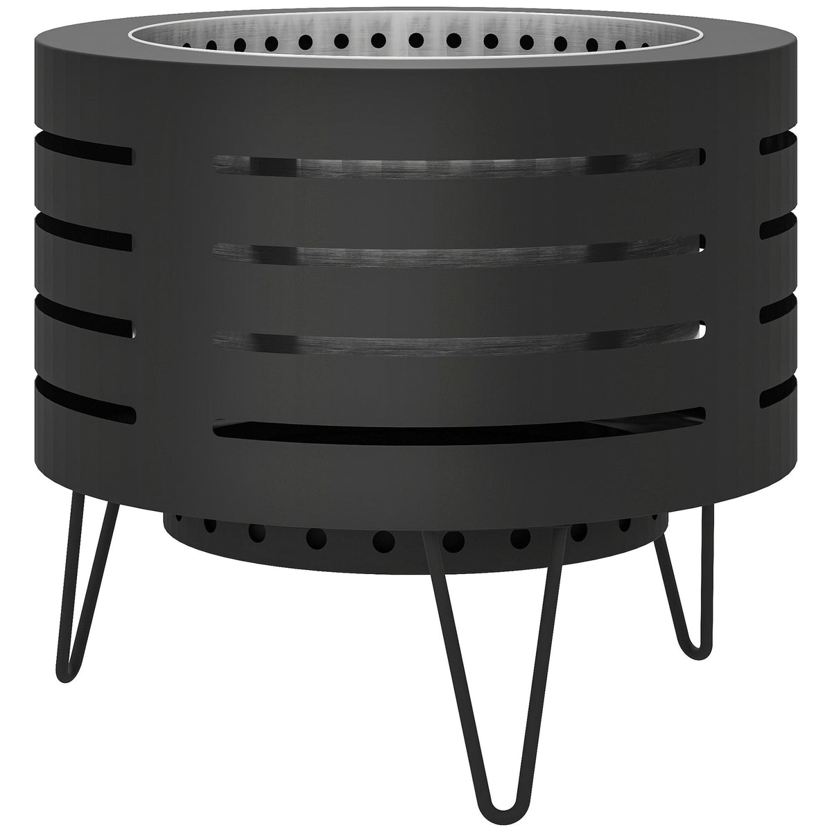Round Fire Pit with Fire Poker, Portable Wood Burning Firepit with Ash Tray and Hairpin Legs, Outdoor Fireplace, Black