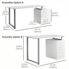 47" Computer Desk Writing Table Workstation with Multi-Use Reversible File Drawers Metal Frame Home Office Furniture, White