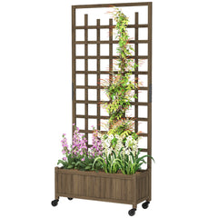 Wooden Planter with Trellis, Raised Garden Bed with Wheels, Drainage Holes for Climbing Plants, Flowers, Brown