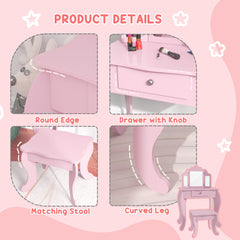 Kids Vanity Table and Stool, Makeup Vanity Girls Dressing Table Set with Tri-folding Mirrors Drawer Star and Heart Pattern, Pink