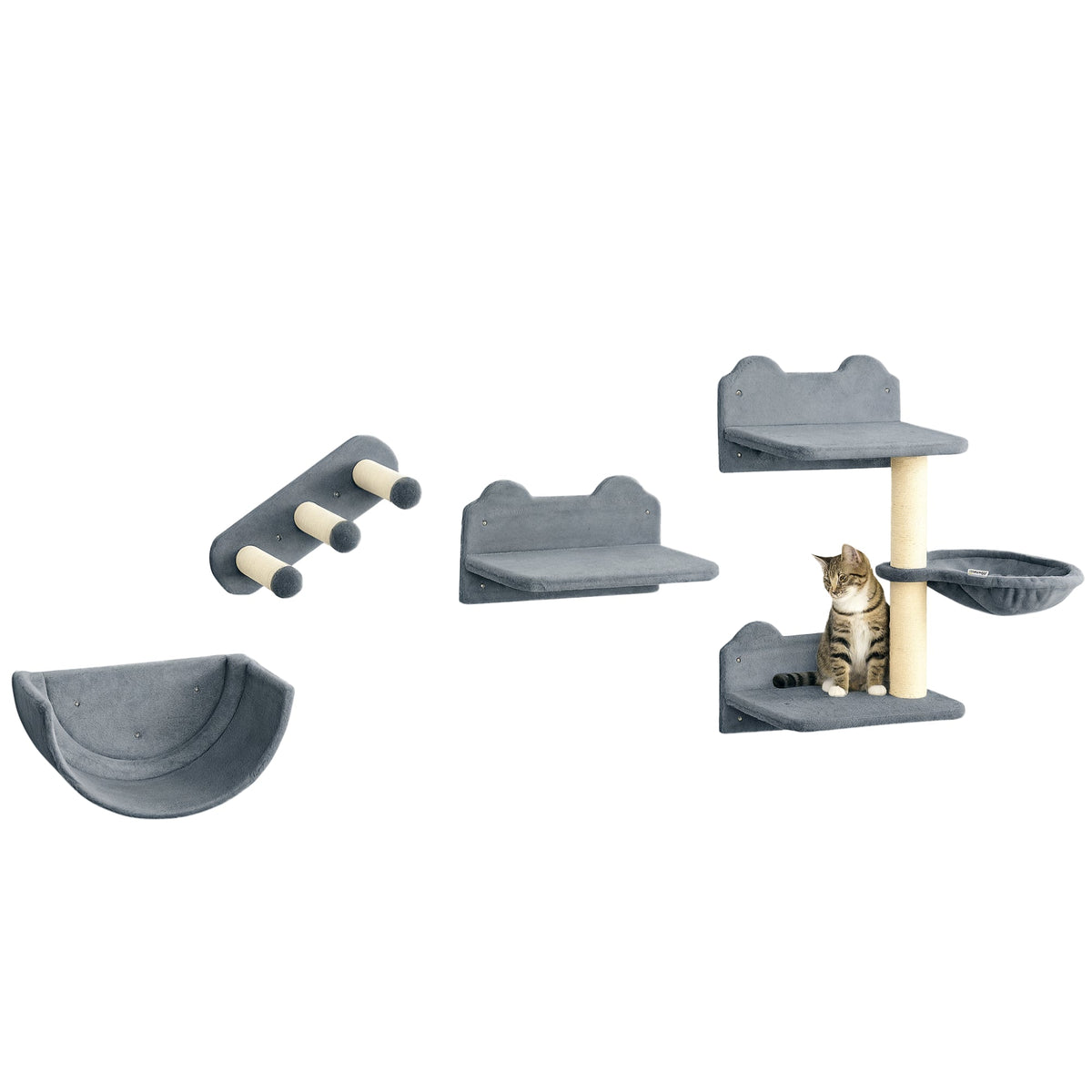Cat Wall Shelves, 3PCs Cat Shelves with Hammock, Scratching Post, 3 Steps, Jumping Platforms, Wall Mounted Cat Climber, Grey