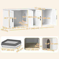 Cat Litter Box Enclosure with Double Room, Scratching Board for 2 Cats, 57" x 19" x 20", White