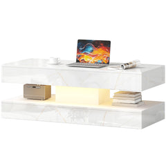 Coffee Table with Adjustable LED Lights, Modern Living Room Table with 2 Drawers, Open Shelf, Remote, High Gloss White
