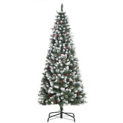 5ft Decorated Christmas Tree with Red Berries and Pine Cones, Flocked Christmas Tree with Pencil Shape, Green