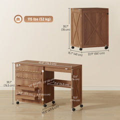 Sewing Machine Table on Wheels, Folding Craft Table with 2 Bins, Storage Shelf, 18 Pegs, Lockable Wheels, Brown