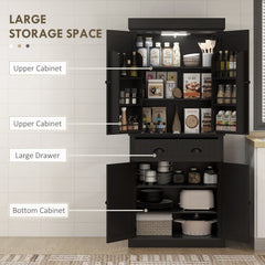 71" Kitchen Pantry Cabinet with LED Lights, 6 Spice Racks, a Drawer and 4 Adjustable Shelves, Black