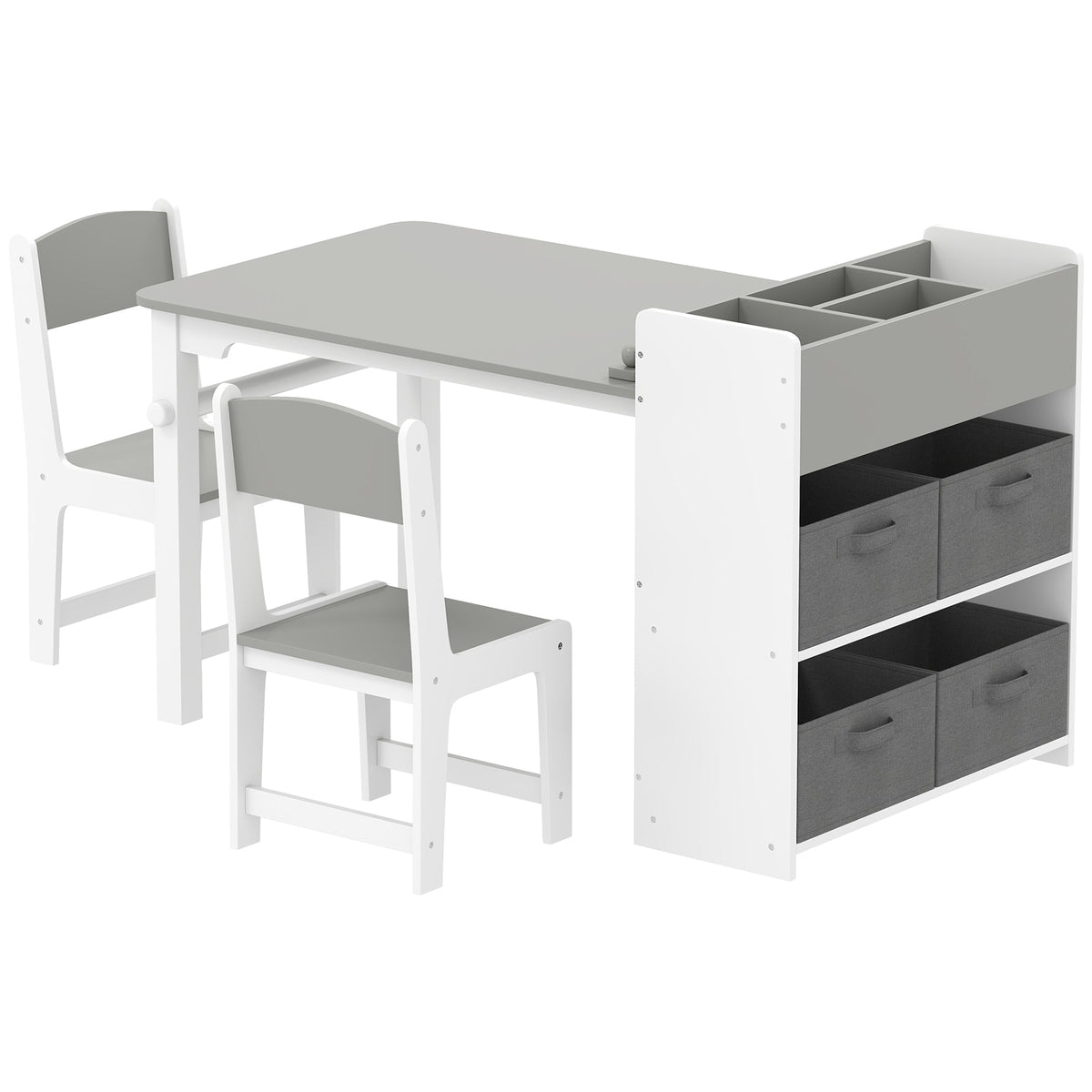 Kids Table and Chairs Set, Toddler Art Table and Chair Set with Paper Roll, Storage Shelves and Drawers, Grey