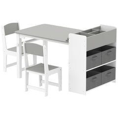 Kids Table and Chairs Set, Toddler Art Table and Chair Set with Paper Roll, Storage Shelves and Drawers, Grey