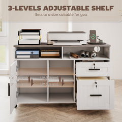Mobile Printer Stand with Charging Station and USB Ports, Locking Filing Cabinet for A4 and Letter Size, White