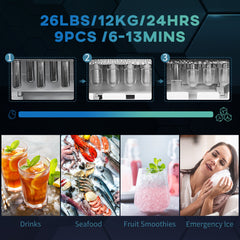 Portable Ice Maker, Self Cleaning Ice Machine with 9 Ice Cubes Ready in 6 Mins, 26lbs/24Hrs, 2 Sizes of Bullet Ice