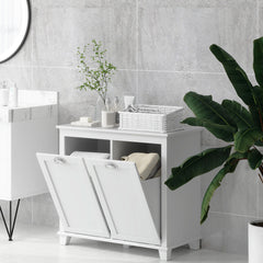 Tilt-Out Laundry Storage Cabinet, Bathroom Storage Organizer with Two-Compartment Tilt Out Hamper, White