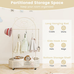 Kid Clothes Rack with 3 Adjustable Heights and Wheels-White