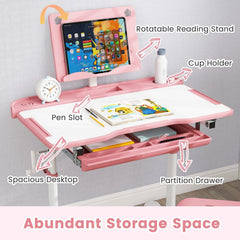 Kid's Study Desk and Chair Set with Tilt Desktop and Book Stand-Pink