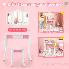Kid's Wooden Vanity Table and Stool Set, with 3-Panel Acrylic Mirror-White