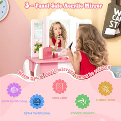 Kid's Wooden Vanity Table and Stool Set, with 3-Panel Acrylic Mirror-White