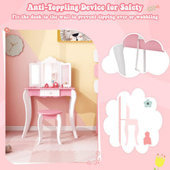 Kid's Wooden Vanity Table and Stool Set, with 3-Panel Acrylic Mirror-White