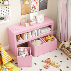 Kid Toy Storage Cabinet Drawer Chest with Wheels and Large Storage Cube Shelf-Pink