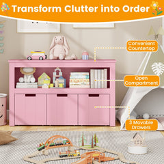 Kid Toy Storage Cabinet Drawer Chest with Wheels and Large Storage Cube Shelf-Pink