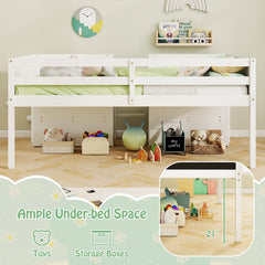Kid Twin Size Low Loft Bed with Chalkboard Ramp Ladder and Bookcases-White