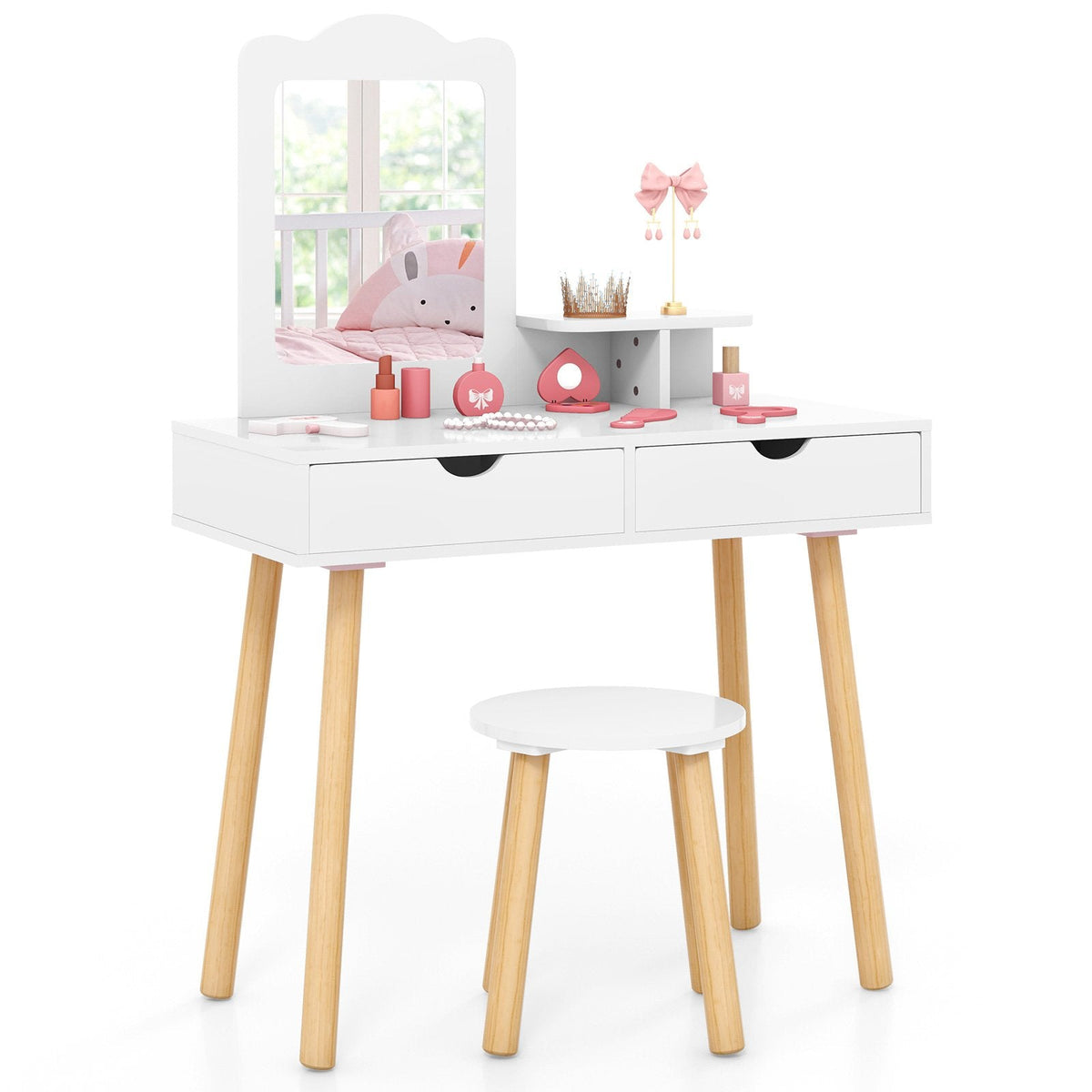 Kid Vanity Table Chair Set with Mirror and 2 Large Storage Drawers-White