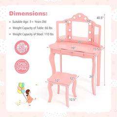 Kid Vanity Table Stool Set with Tri-Folding Mirror and 3-Color LED Lights-Pink