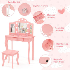 Kid Vanity Table Stool Set with Tri-Folding Mirror and 3-Color LED Lights-Pink