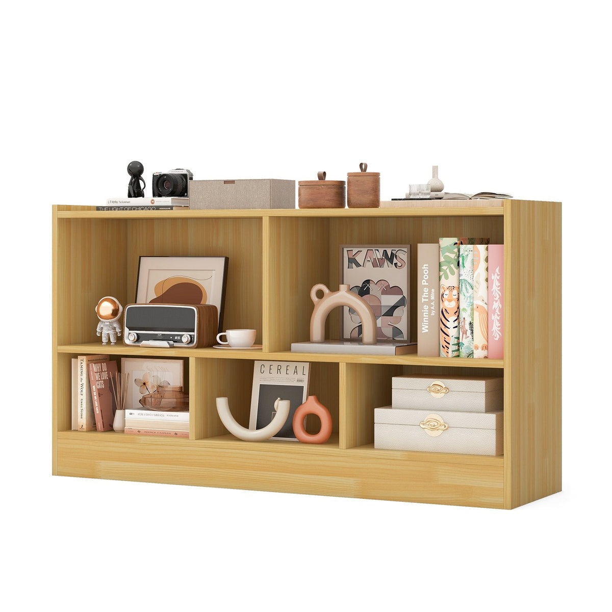Kids 2-Shelf Bookcase 5-Cube Wood Toy Storage Cabinet Organizer-Beige