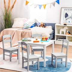 5 Piece Kids Table and 4 Chair Set, White Table with Grey Chairs