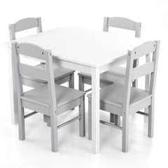 5 Piece Kids Table and 4 Chair Set, White Table with Grey Chairs
