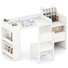 Kids Art Table and Chair Set with Detachable Paper Roll Holder and Cabinet-White
