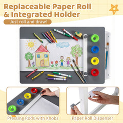 Kids Art Table and Stool Set Toddler Activity Desk with Paper Roll and 4 Paint Cups for Drawing Learning-Gray