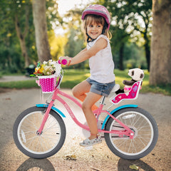 18 Inch Kids Bike with Doll Seat, Woven Basket and Training Wheels, Pink