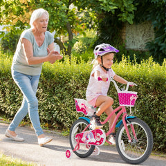 18 Inch Kids Bike with Doll Seat, Woven Basket and Training Wheels, Pink