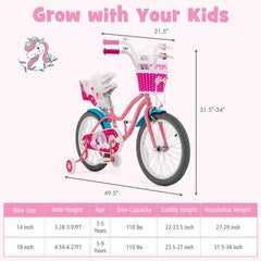 18 Inch Kids Bike with Doll Seat, Woven Basket and Training Wheels, Pink