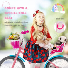18 Inch Kids Bike with Doll Seat, Woven Basket and Training Wheels, Pink