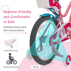 18 Inch Kids Bike with Doll Seat, Woven Basket and Training Wheels, Pink