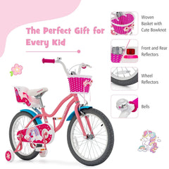 18 Inch Kids Bike with Doll Seat, Woven Basket and Training Wheels, Pink
