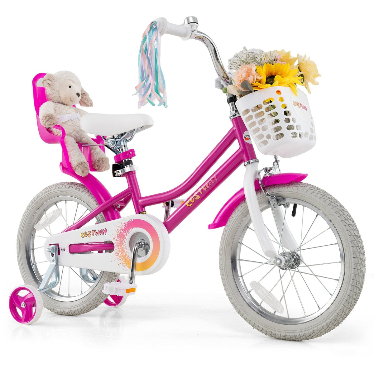 16 Inch Girls Bike with Doll Seat, Basket and Streamers, Pink