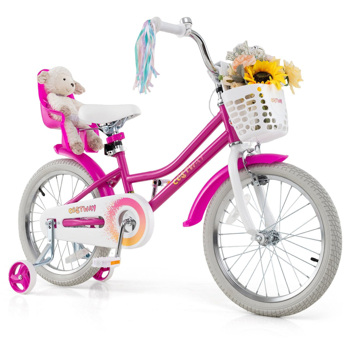 18 Inch Girls Bike with Doll Seat, Basket and Streamers, Pink