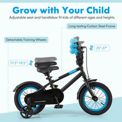 12 Inch Kids Bike with Adjustable Handlebar and Saddle, Black and Blue