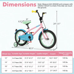 16 Inch Kids Bike with Adjustable Saddle, Reflectors and Training Wheels, Pink