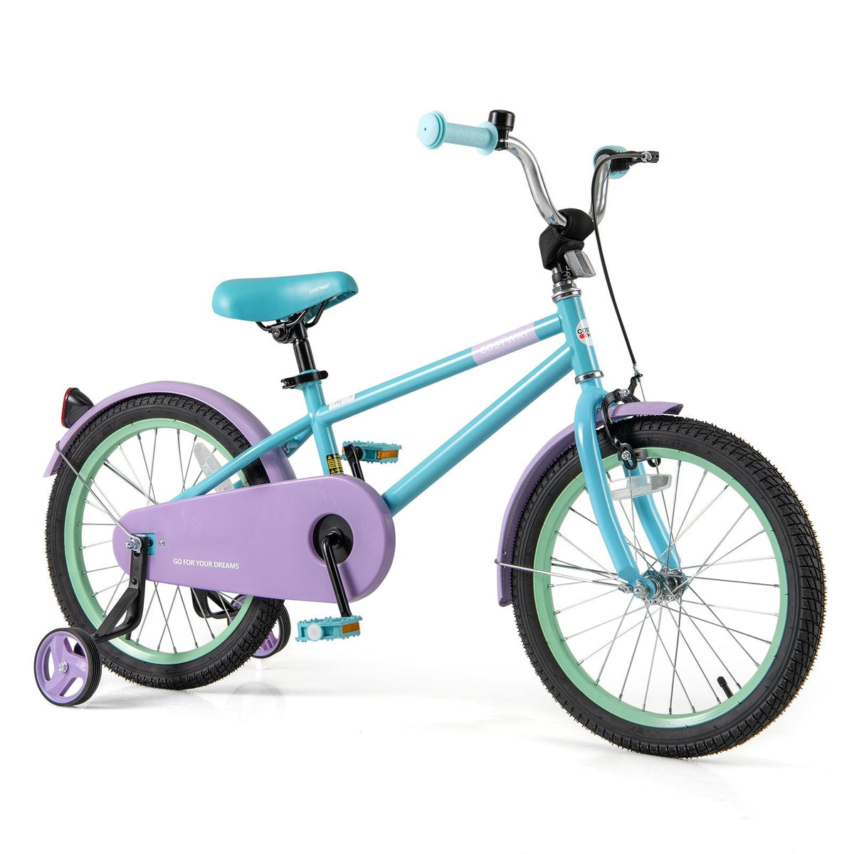 18 Inch Kids Bike with Adjustable Saddle, Kickstand and Reflectors, Mint and Lilac