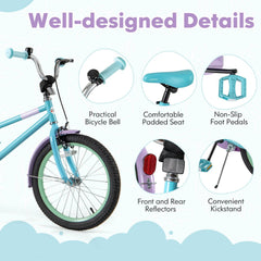 18 Inch Kids Bike with Adjustable Saddle, Kickstand and Reflectors, Mint and Lilac