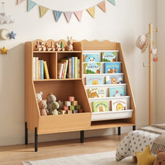 Kids Bookshelf and Toy Storage Organizer Wooden Bookcase with 5 Fabric Pockets-Natural