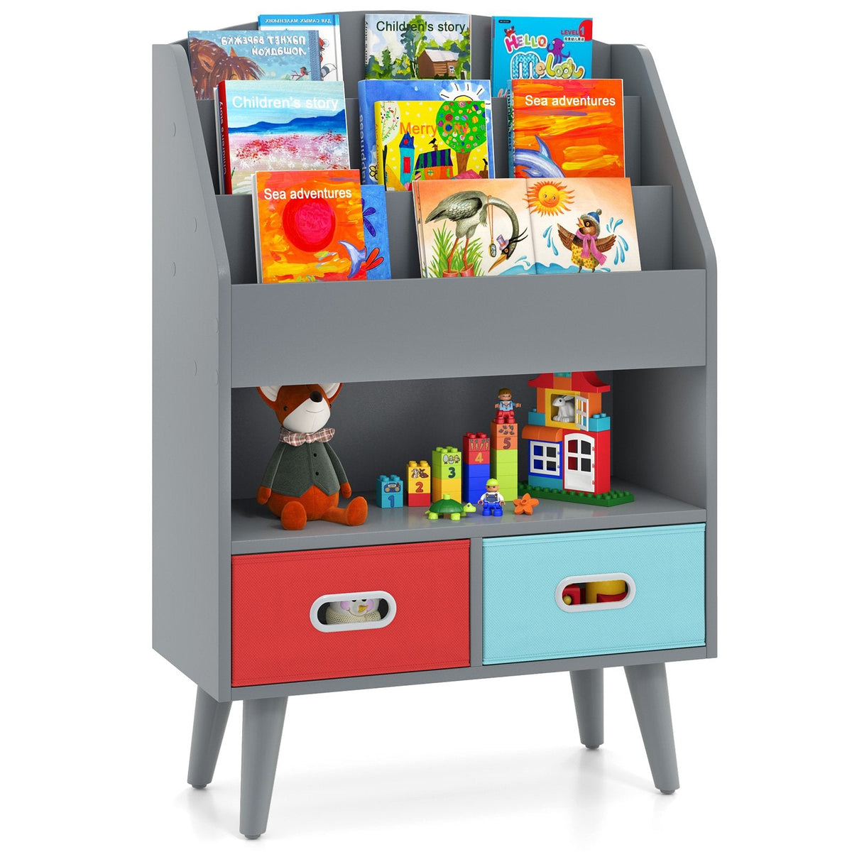Kids Bookshelf with Open Compartment for Toddlers 3+ Years Old-Gray