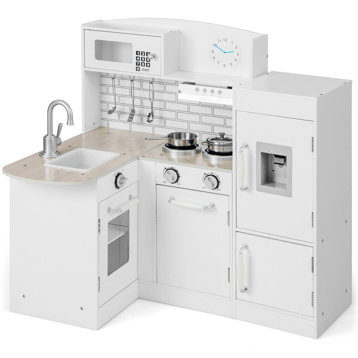 White Corner Play Kitchen for Kids with Detachable Fridge, Water Dispenser and Cookware
