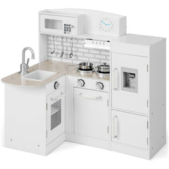White Corner Play Kitchen for Kids with Detachable Fridge, Water Dispenser and Cookware