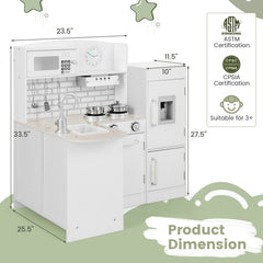 White Corner Play Kitchen for Kids with Detachable Fridge, Water Dispenser and Cookware